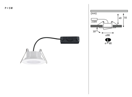 Oprawa do wbudowania CALLA LED 5W 400lm okrągła stała 3000/4000/6500K IP65 230V biały matowy