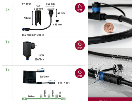 Oprawa dogruntowa Plug & Shine FLOOR MINI zestaw kompletny 3x2.5W 3000K IP67 24V srebrny / stal nierdzewna PAULMANN PL93697
