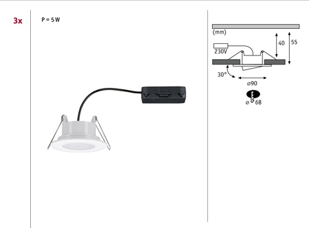 Zestaw opraw do wbudowania CALLA LED 3x5W 400lm okrągła stała 3000/4000/6500K IP65 230V biały matowy PAULMANN PL99935