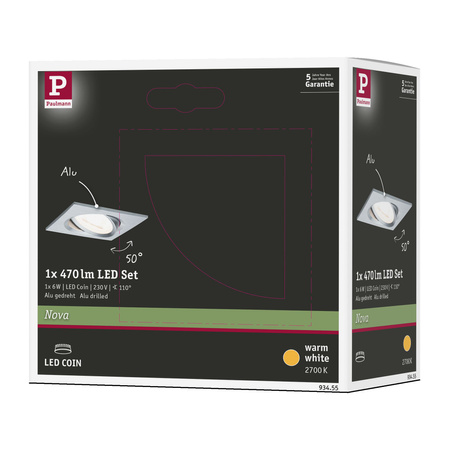 Oprawa do wbudowania NOVA COIN LED wychylna 6W 470lm 84x84mm 2700K IP23 230V aluminium PAULMANN PL93455