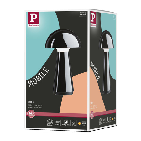 Lampka stołowa akumulatorowa ONZO LED 3-STEP DIM USB-C 2.6W 240lm 2700K IP44 czarny połysk / tworzywo sztuczne PAULMANN PL76994