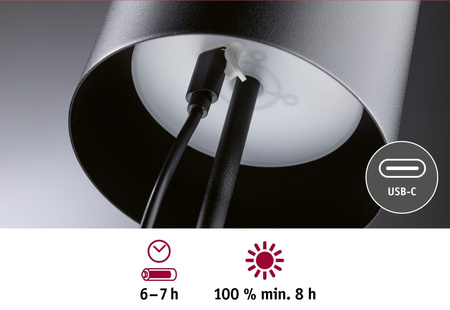 Lampka stołowa akumulatorowa TUNI LED DIM USB-C 2.8W 240lm 2700K IP44 czarny matowy / tworzywo sztuczne PAULMANN PL76998