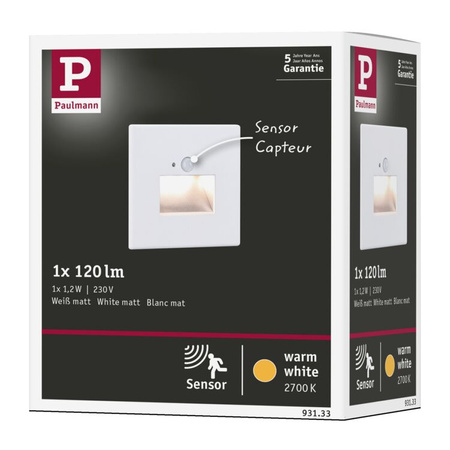 Oprawa przyschodowa EDGE LED czujnik ruchu i zmierzchu kwadrat 1x1,2W 120lm 2700K 230V biały / tworzywo sztuczne