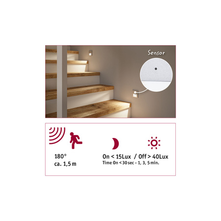 Oprawa przyschodowa TSARO LED czujnik ruchu i zmierzchu kwadrat 1x1,W 80lm 2700K IP20 230V chrom matowy / tworzywo sztuczne PAULMANN PL80003