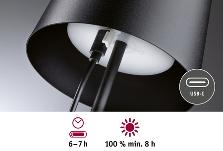 Lampka stołowa akumulatorowa GILO LED DIM USB-C 2.8W 240lm 2700K IP44 czarny mat / metal tworzywo sztuczne PAULMANN PL76996