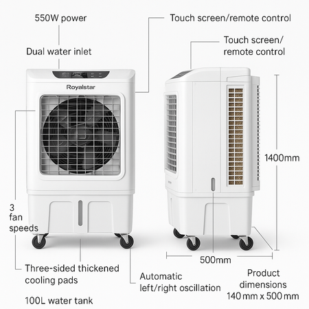Mobilny Komercyjny Klimatyzator Biurowy Wentylator Chłodzenie Wyparne Wodą Cichy Przenośny Mały Wentylator Chłodzący do Hali Magazynu Sklepu – Royalstar 550W 100L