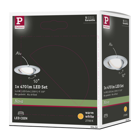 Oprawa do wbudowania NOVA COIN LED wychylna 6W 470lm 84mm 2700K IP23 230V aluminium PAULMANN PL93450