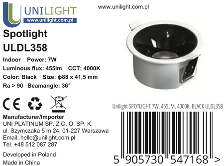 Lampa wpuszczana LED Downlight czarna 7W, 455 lm, Ra90, 3000K 36°, IP20