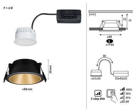 Oprawa do wbudowania COLE COIN LED 3-STEP DIM 1x6W 470lm 2700K IP44 230V czarny / złoty / matowy