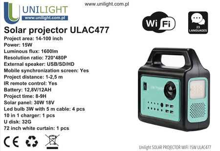 Przenośny projektor solarny Unilight ULAC477 z WiFi – domowe kino bez prądu, gdziekolwiek jesteś!