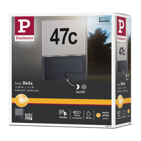 Oprawa elewacyjna NEDA LED numer domu 3000K 27lm + czujnik zmierzchu IP44 antracyt