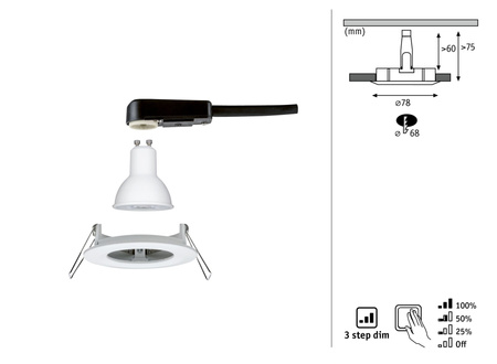 Oprawa do wbudowania NOVA LED DIM stała GU10 6.5W 460lm 78mm 2700K IP44 230V biały mat PAULMANN PL93477