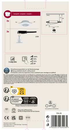 Base Coin oprawa wbudowana ruchoma LED 3-st ściemnianie 3x5W 230V GU10 51mm Biały/Metal PAULMANN PL93426