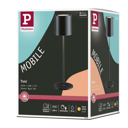Lampka stołowa akumulatorowa TUNI LED DIM USB-C 2.8W 240lm 2700K IP44 czarny matowy / tworzywo sztuczne PAULMANN PL76998