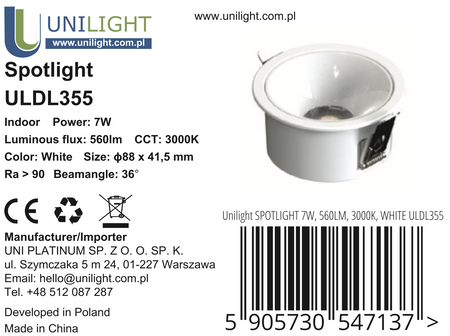 Lampa wpuszczana LED Downlight czarna 7W, 455 lm, Ra90, 3000K 36°, IP20