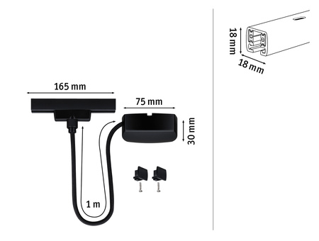 Przewód zasilający URail System 1m max.1000W 230V czarny mat /  tworzywo sztuczne