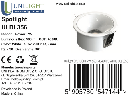 Lampa wpuszczana LED Downlight czarna 7W, 455 lm, Ra90, 3000K 36°, IP20